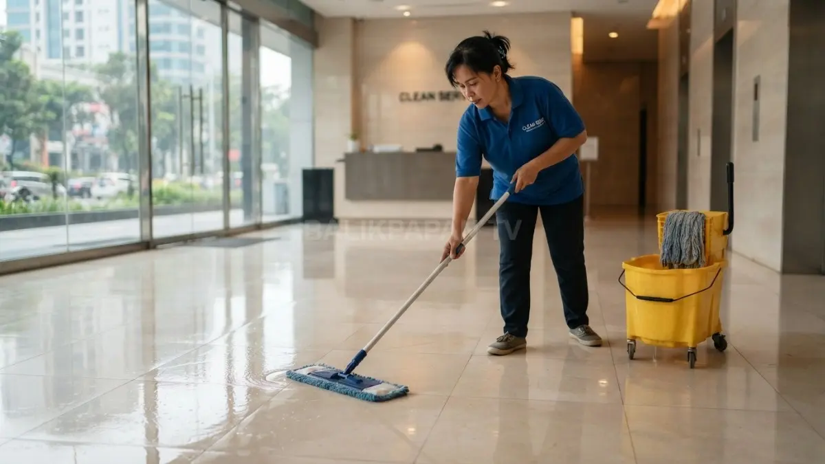Lantai keramik mengilap setelah dibersihkan dengan kain pel yang diperas hingga lembap. (BTV/AI)