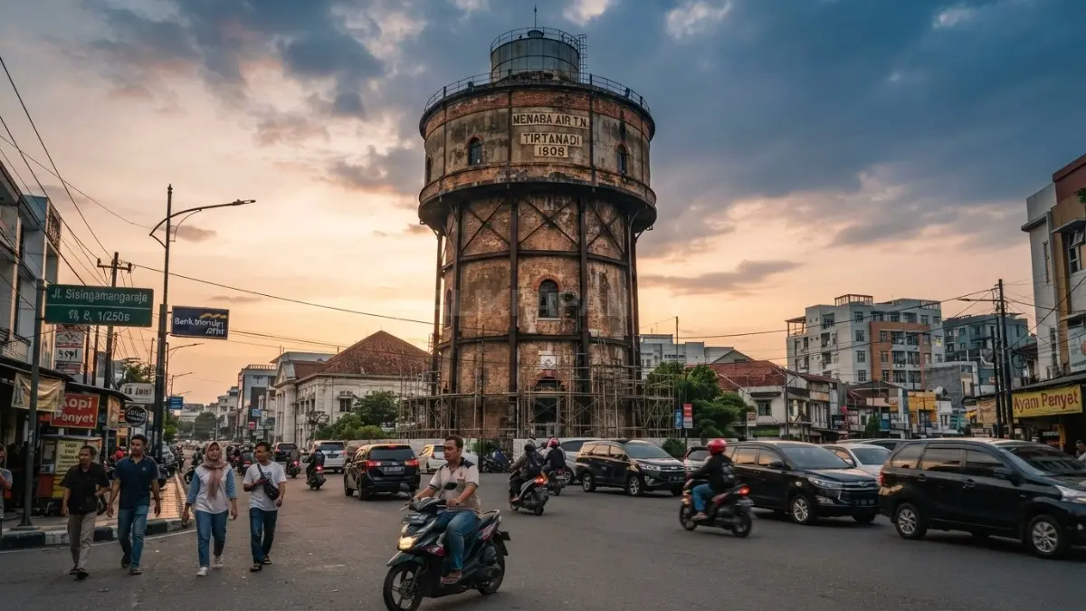 Menara air bersejarah yang masih menjadi penanda kawasan sekaligus warisan arsitektur teknik sipil modern awal. (BTV/AI)