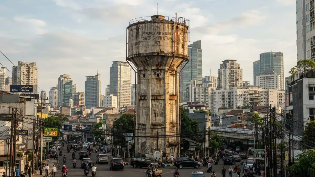 Menara air tua menjulang di kawasan perkotaan sebagai bukti ketahanan arsitektur utilitas yang dirancang bertahan puluhan tahun. (BTV/AI)