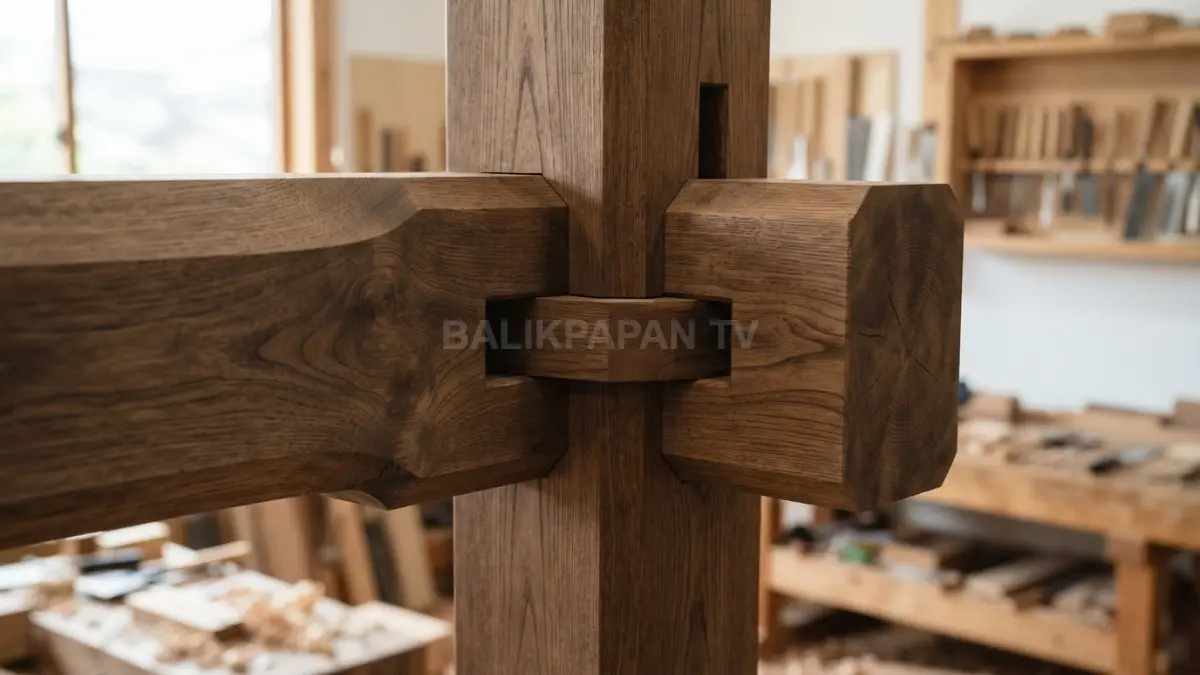 Metode penyambungan dua balok kayu sudut tegak lurus untuk pilar utama secara akurat dan rapi. (BTV/Ai)