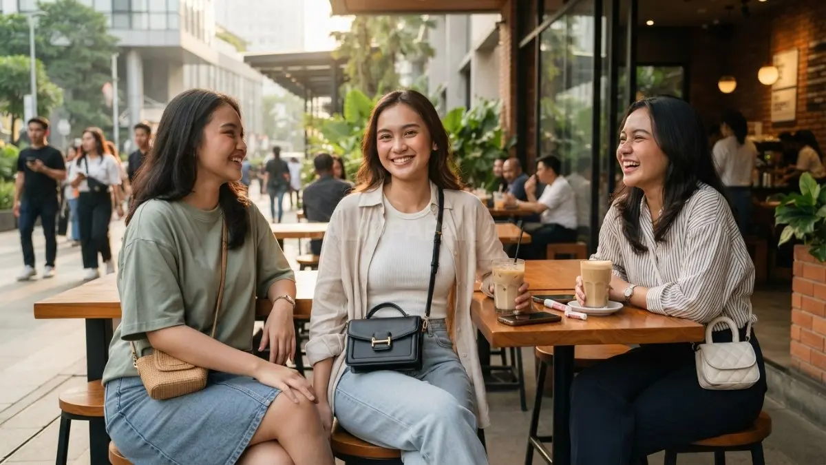 Mini bag melengkapi outfit kasual dengan tampilan modern, ringan, praktis, dan harmonis saat hangout bersama teman (BTV/AI)
