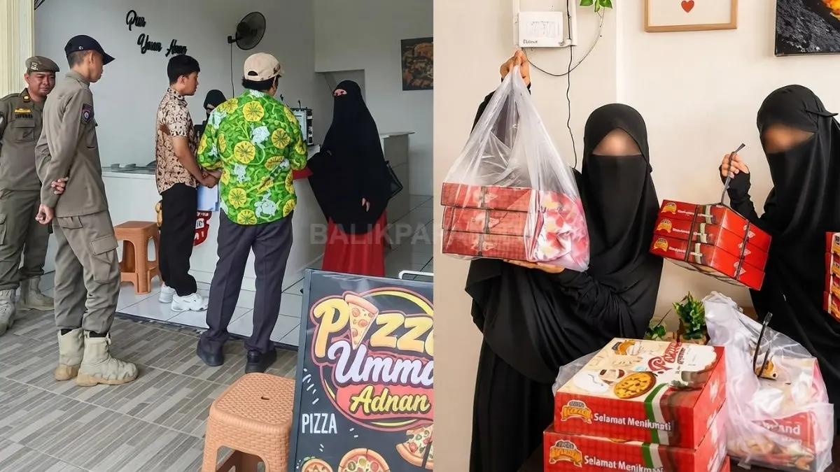 Pemilik UMKM Pizza Umma Adnan saat melayani pelanggan di gerai usahanya di Kalimantan Timur.