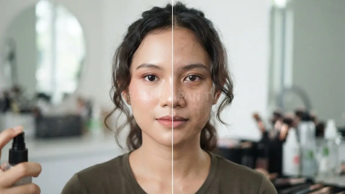 Perbandingan hasil penggunaan setting spray dengan teknik yang benar dan salah pada makeup wajah. (BTV/AI)