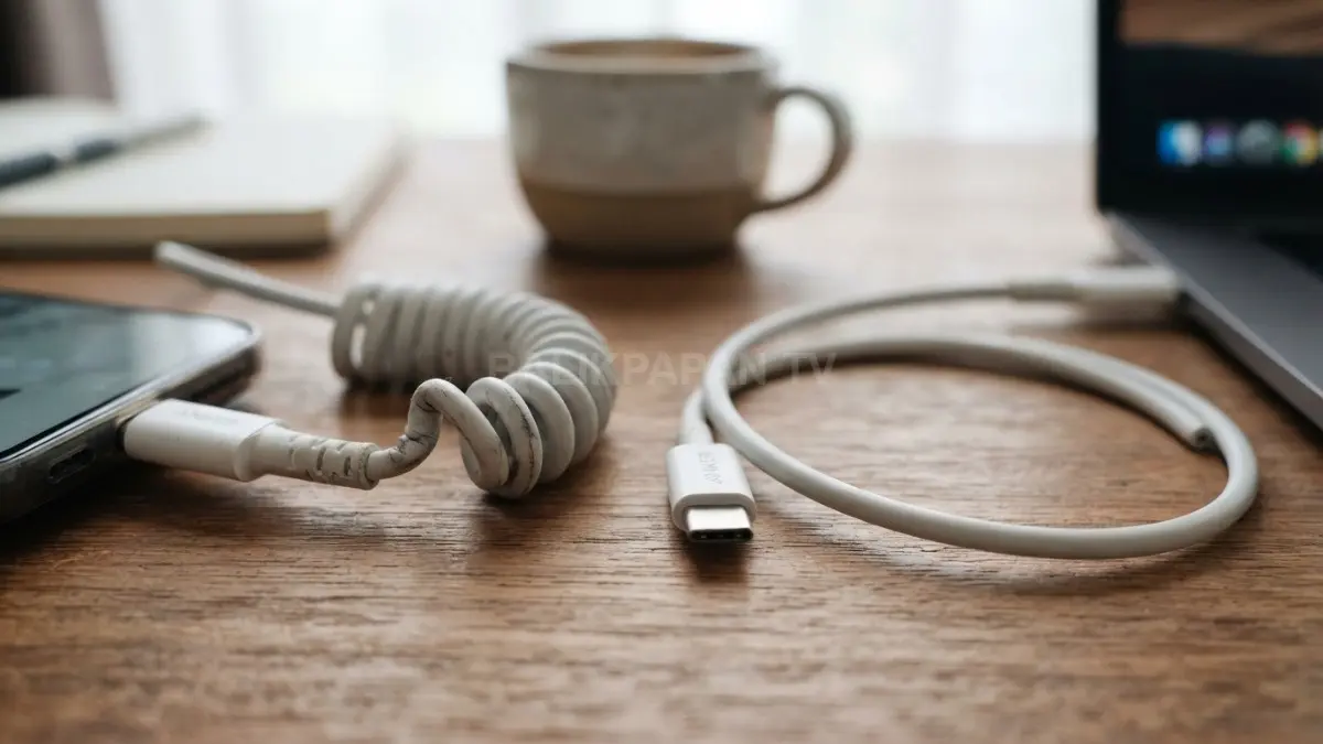 Perbandingan kabel yang digulung rapat dan longgar memperlihatkan perbedaan tekanan pada area dekat konektor. (BTV/AI)