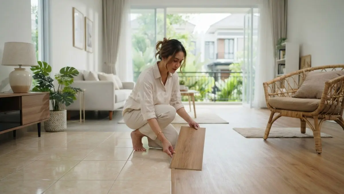Perbandingan lantai keramik dan vinyl waterproof pada interior rumah dengan sirkulasi udara yang baik. (BTV/AI)