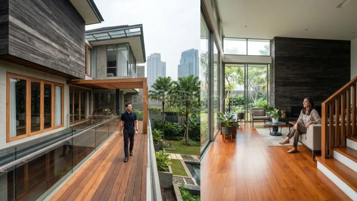 Perbandingan tampilan serat kayu ulin, bengkirai, dan meranti pada aplikasi fasad, decking, serta interior hunian kontemporer. (BTV/AI)