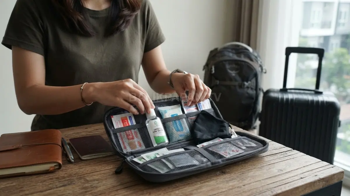 Perlengkapan kesehatan pribadi dalam tas membantu menghadapi kondisi tak terduga selama perjalanan dengan lebih siap. (BTV/Ai)
