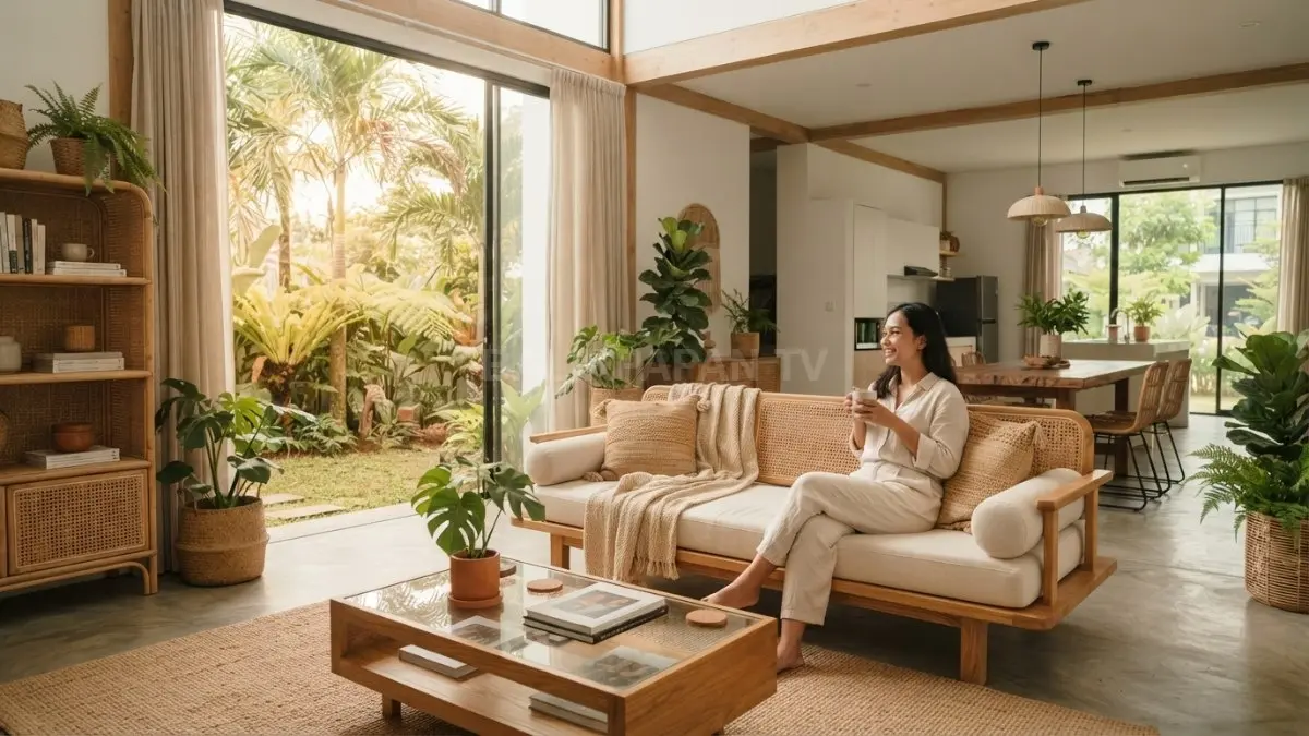 Perpaduan dekorasi rotan, linen, dan tanaman indoor pada rumah minimalis bergaya Japandi yang cocok untuk iklim Balikpapan. taro mana (BTV/AI)