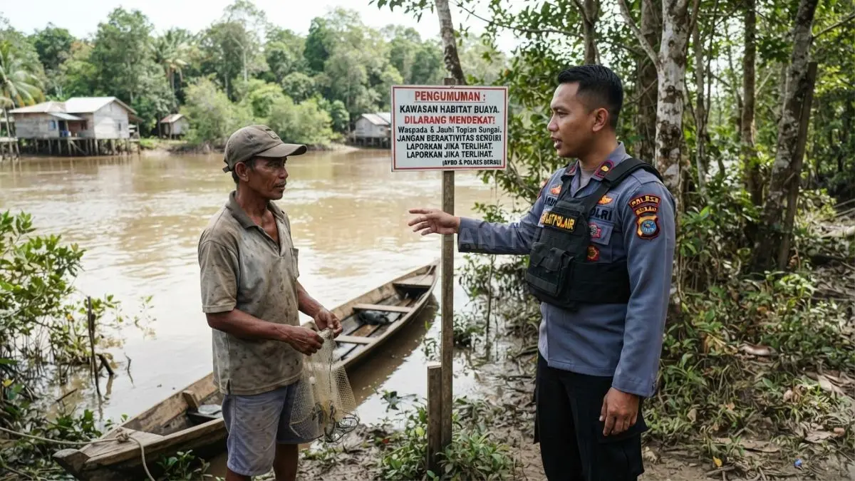 Petugas mengimbau warga waspada terhadap kemunculan buaya di bantaran sungai demi keselamatan bersama saat beraktivitas (BTV/AI)