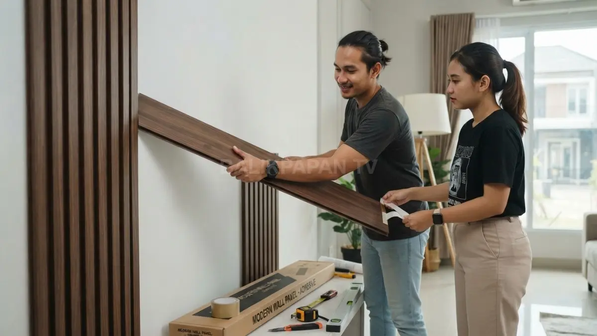 Proses memasang wall panel tempel pada dinding rumah baru tanpa menggunakan bor atau paku. (BTV/AI)