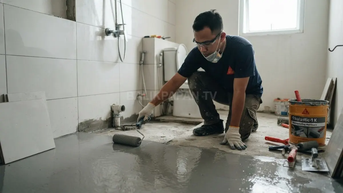 Proses pemasangan waterproofing pada lantai kamar mandi sebagai perlindungan terhadap rembesan air dan kelembapan. (BTV/AI)
