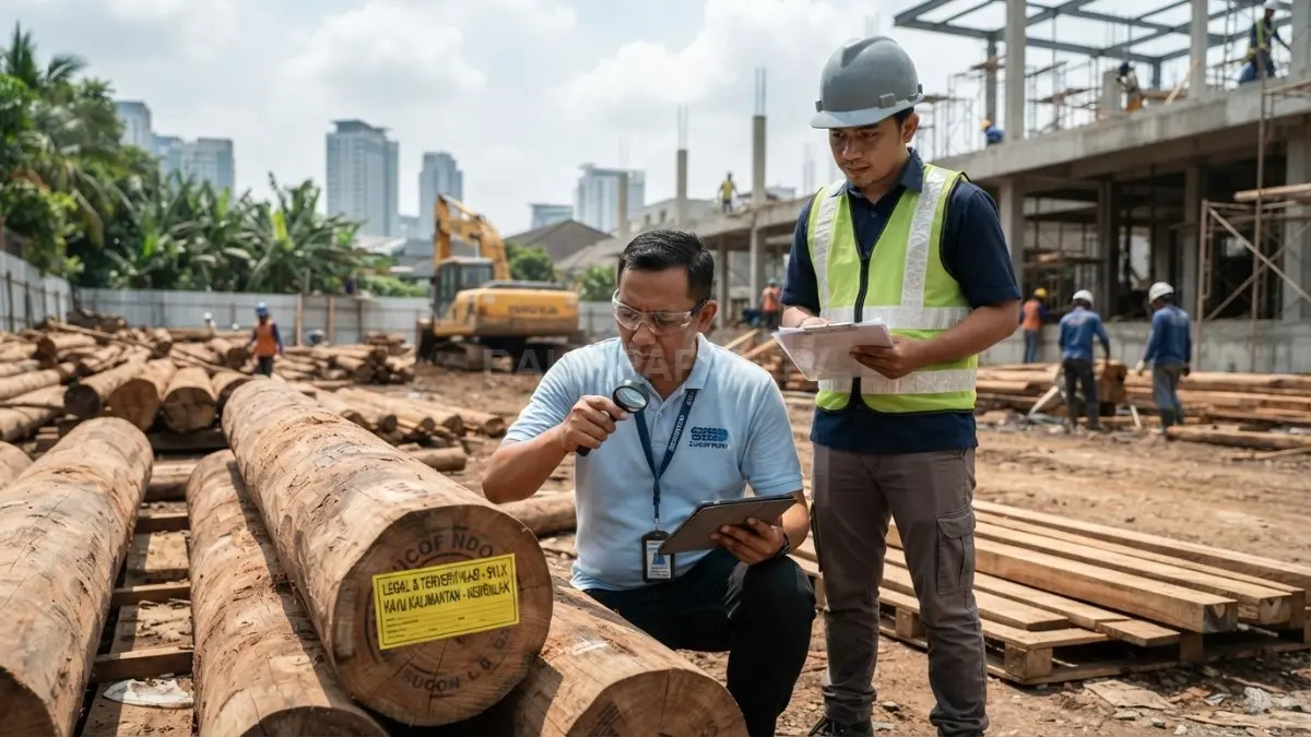 Proses pemeriksaan kualitas dan legalitas kayu lokal Kalimantan sebelum digunakan pada proyek pembangunan rumah modern. (BTV/AI)