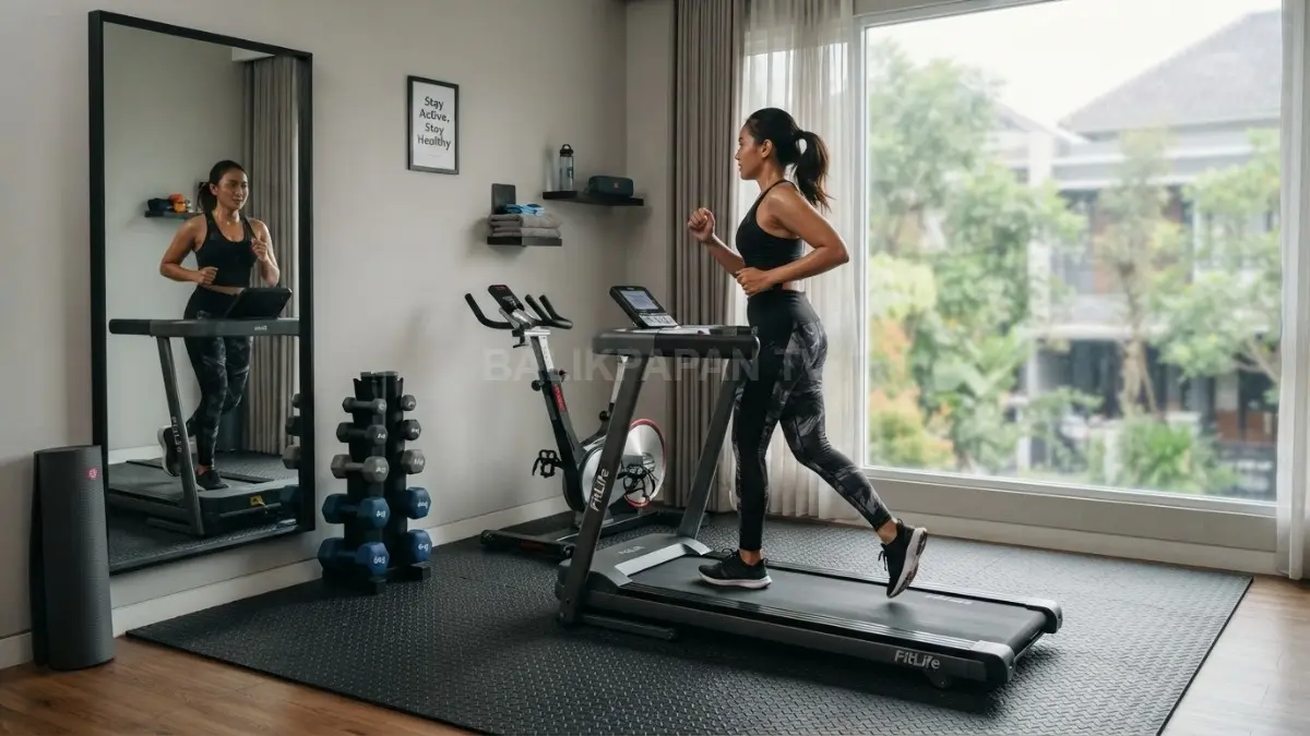 Ruang gym pribadi ringkas menghadirkan area olahraga nyaman dengan peralatan multifungsi dalam hunian minimalis modern (BTV/AI)
