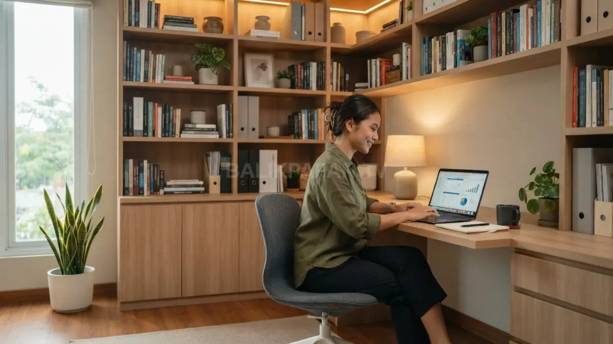 Ruang kerja multifungsi menyatu dengan perpustakaan mini menciptakan hunian minimalis modern produktif dan nyaman (BTV/AI)

