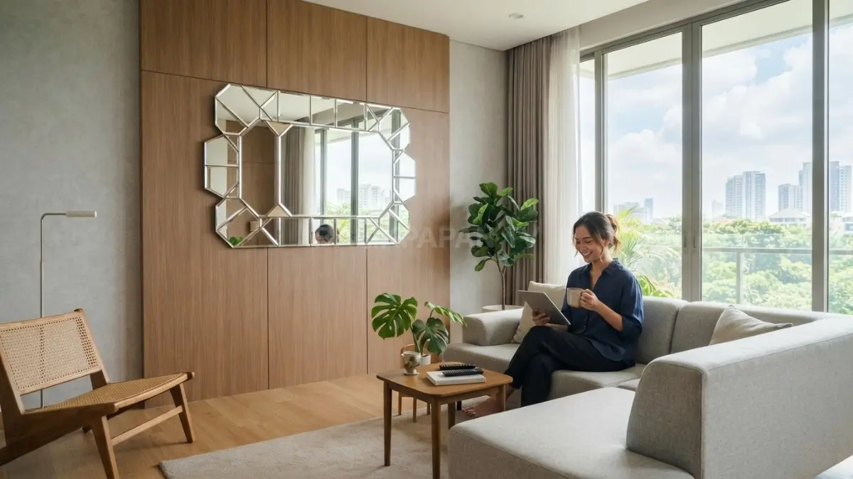 Ruang tamu rumah minimalis menggunakan wall panel motif kayu dan cermin dekoratif tempel yang membuat ruangan terasa lebih luas. (BTV/AI)