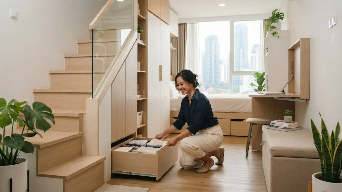 Rumah minimalis modern memanfaatkan penyimpanan tersembunyi dan ruang multifungsi untuk hunian rapi serta nyaman (BTV/AI)
