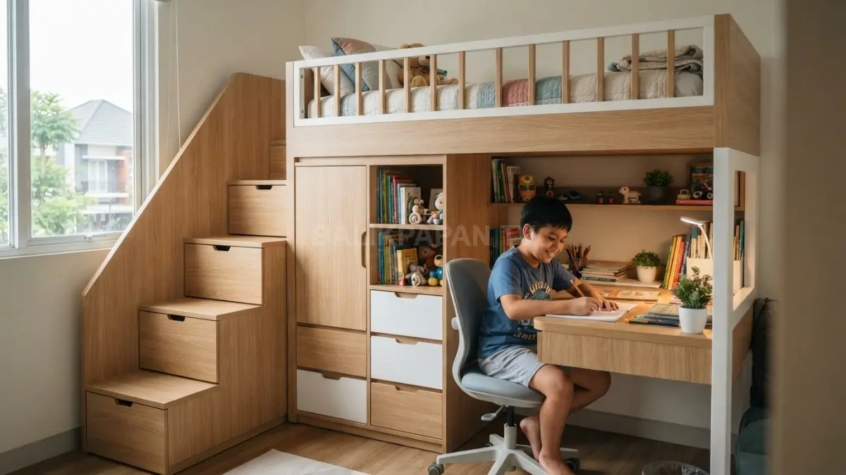 Rumah minimalis modern menghadirkan ruang multifungsi dengan tempat tidur bertingkat, penyimpanan, dan area belajar nyaman (BTV/AI)
