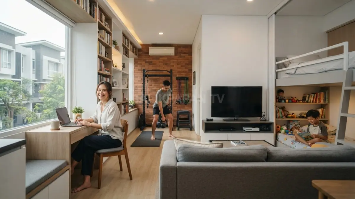 Rumah minimalis modern menghadirkan ruang multifungsi, gym pribadi, area kerja, dan perpustakaan mini nyaman (BTV/AI)
