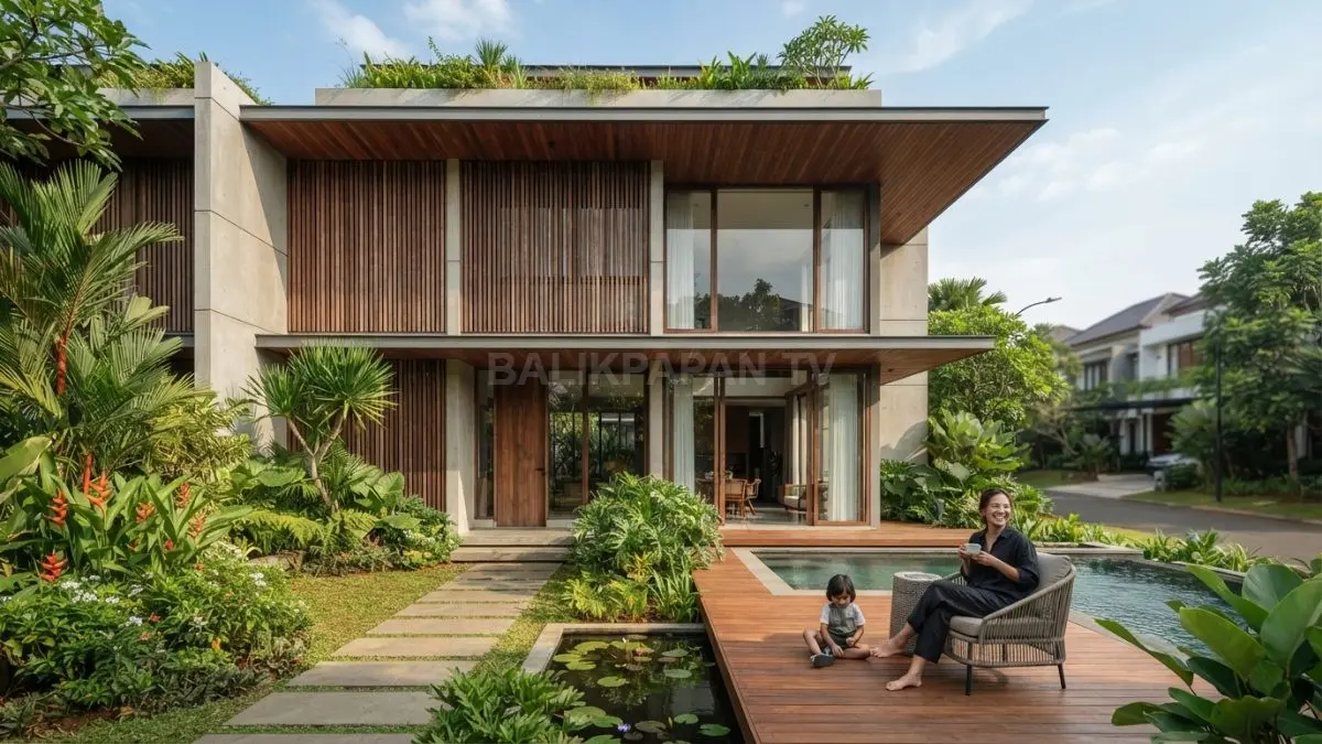 Rumah modern bergaya tropis memadukan kayu ulin, bengkirai, dan meranti sebagai elemen arsitektur yang estetis, tahan lama, dan ramah lingkungan. (BTV/AI)
