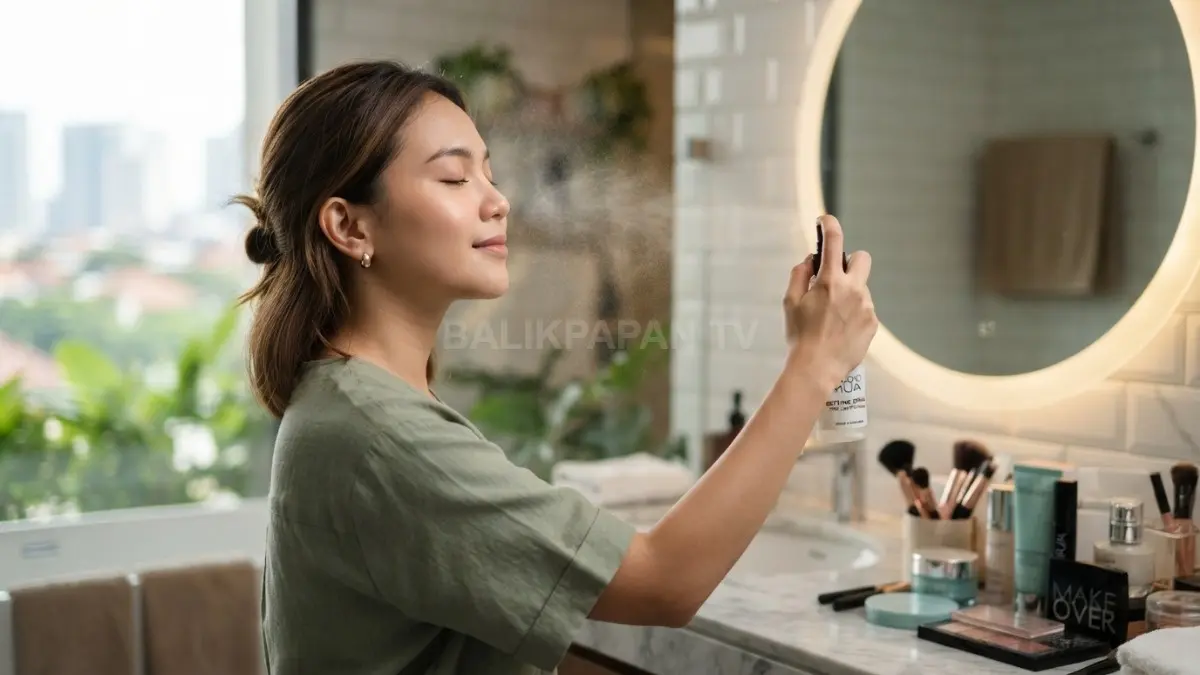 Seorang perempuan menyemprotkan setting spray dengan jarak yang tepat untuk membantu menjaga makeup tetap tahan lama sepanjang hari. (BTV/AI)