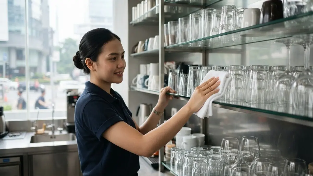 Seseorang membersihkan rak penyimpanan gelas menggunakan kain bersih sebelum menata kembali peralatan minum. (BTV/AI)