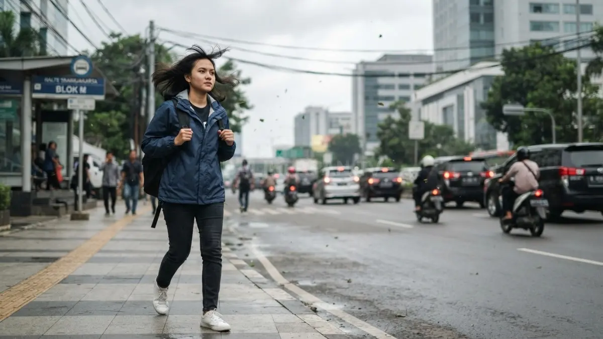  Seseorang mengenakan jaket ringan saat beraktivitas di luar ruangan dengan cuaca berangin. (BTV/AI)