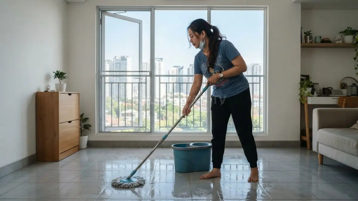 Seseorang mengepel lantai keramik sambil membuka ventilasi untuk membantu proses pengeringan secara alami. (BTV/AI)
