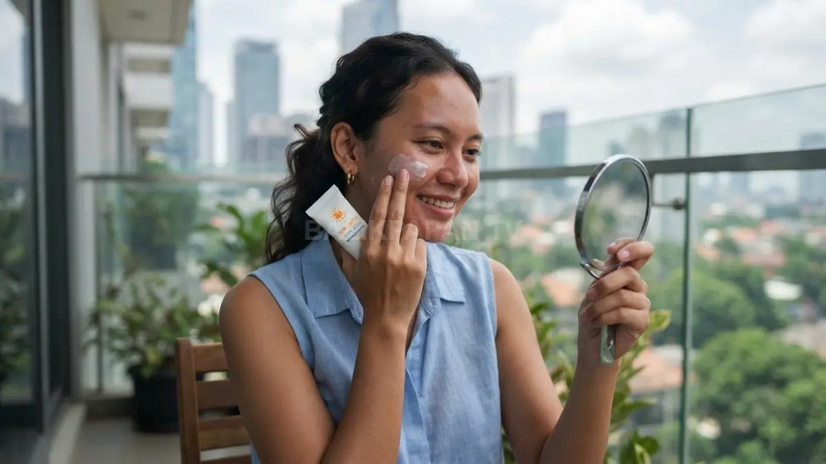 Seseorang mengoleskan sunscreen pada wajah setelah liburan untuk membantu memulihkan kulit belang akibat paparan sinar matahari. 
(BTV/AI)