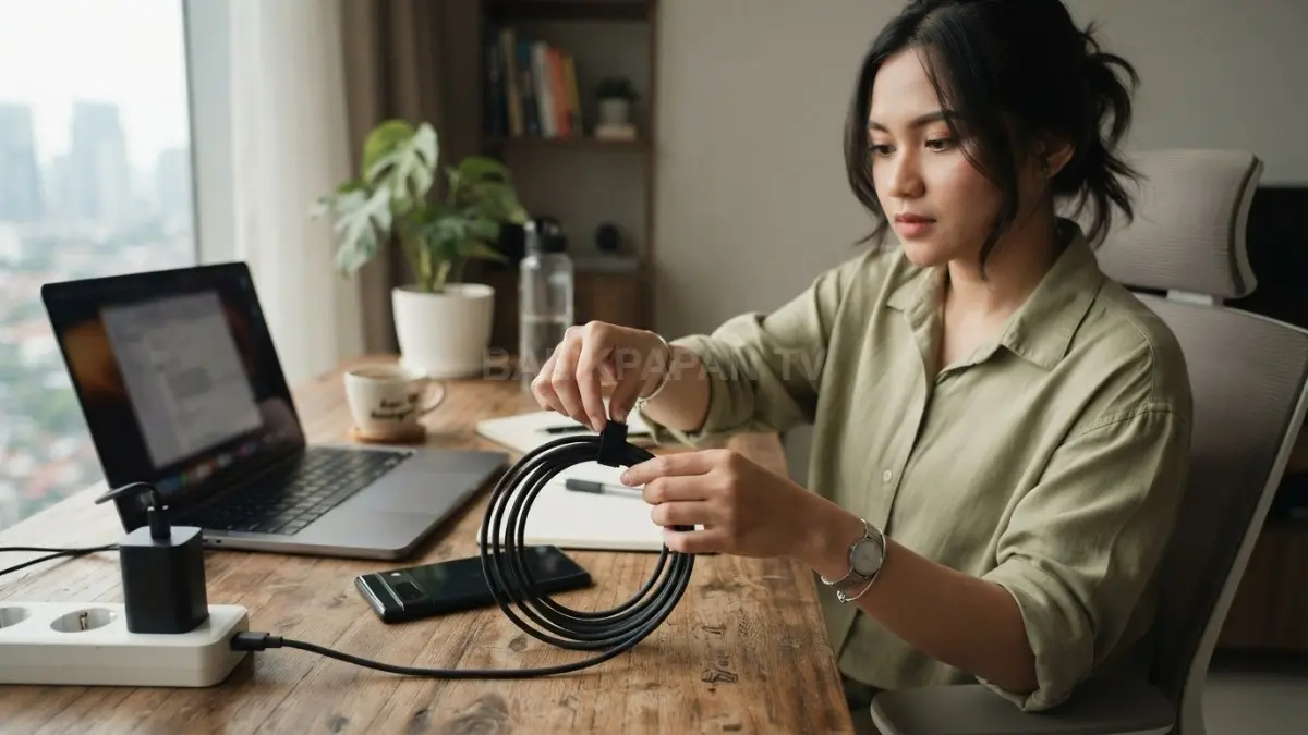 Seseorang menyimpan kabel charger menggunakan pengikat velcro tanpa memberikan tekanan berlebih pada kabel. (BTV/AI)