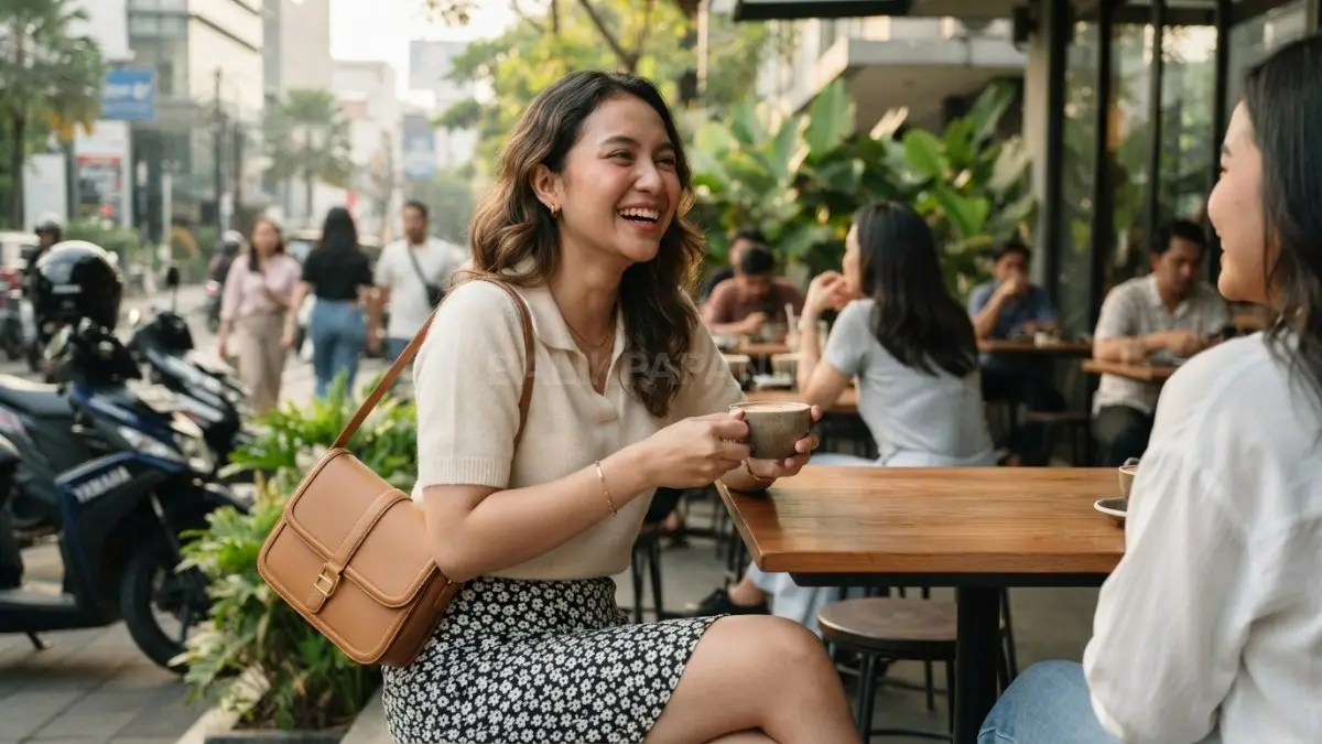 Shoulder bag melengkapi outfit kasual feminin dengan sentuhan elegan, harmonis, dan nyaman saat berkumpul bersama teman (BTV/AI)
