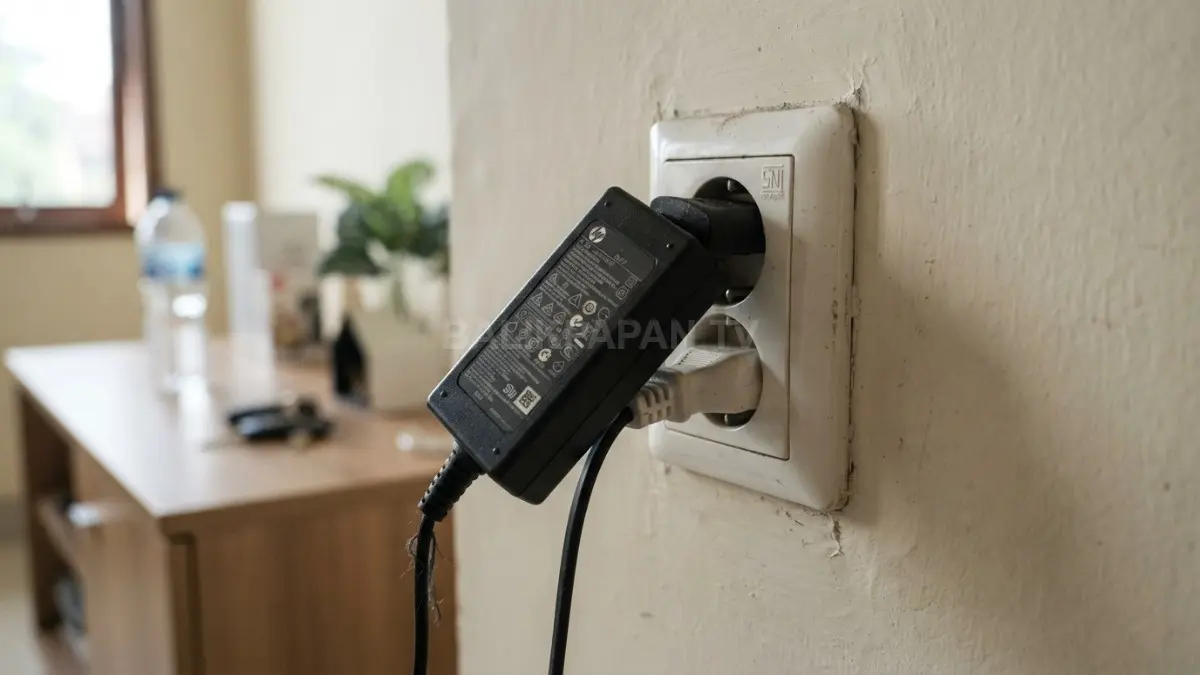 Stopkontak dinding dengan adaptor besar yang menggantung memperlihatkan beban mekanis pada sambungan listrik. (BTV/AI)
