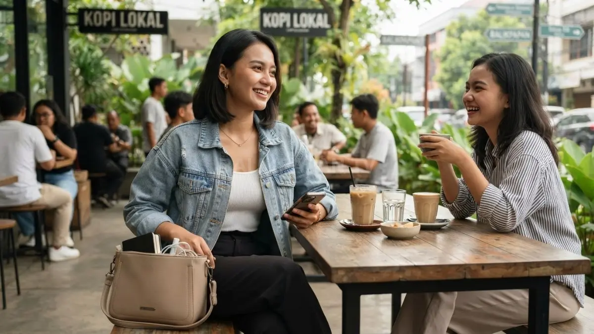 Tas berukuran tepat melengkapi outfit kasual, menghadirkan penampilan harmonis, nyaman, dan fungsional saat berkumpul bersama teman (BTV/AI)
