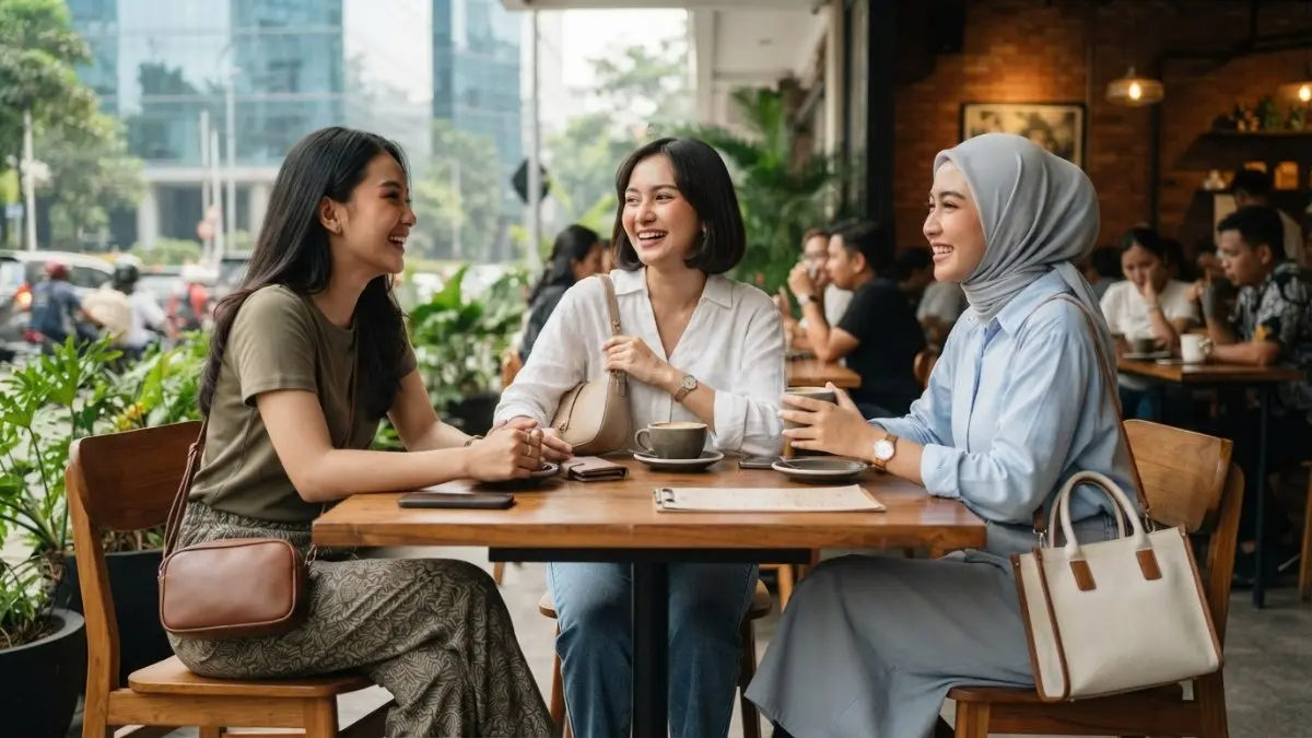Tas kasual dipadukan dengan outfit serasi menciptakan penampilan harmonis, praktis, dan percaya diri saat berkumpul bersama (BTV/AI)
