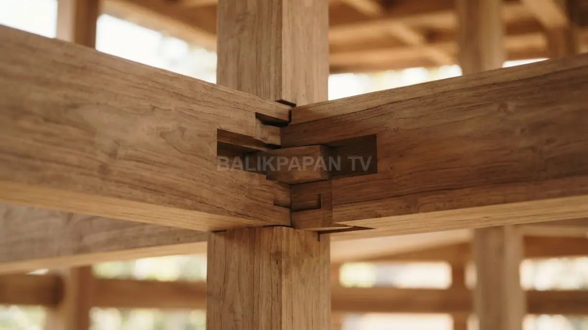 Teknik interlocking menggabungkan dua elemen kayu tanpa paku untuk mendistribusikan beban kerangka secara merata. (BTV/Ai)