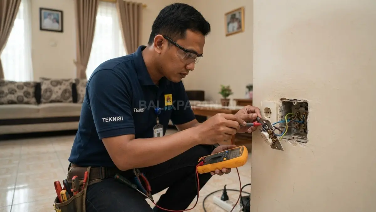 Teknisi memeriksa stopkontak rumah yang mulai longgar untuk memastikan keamanan instalasi listrik. (BTV/AI)
