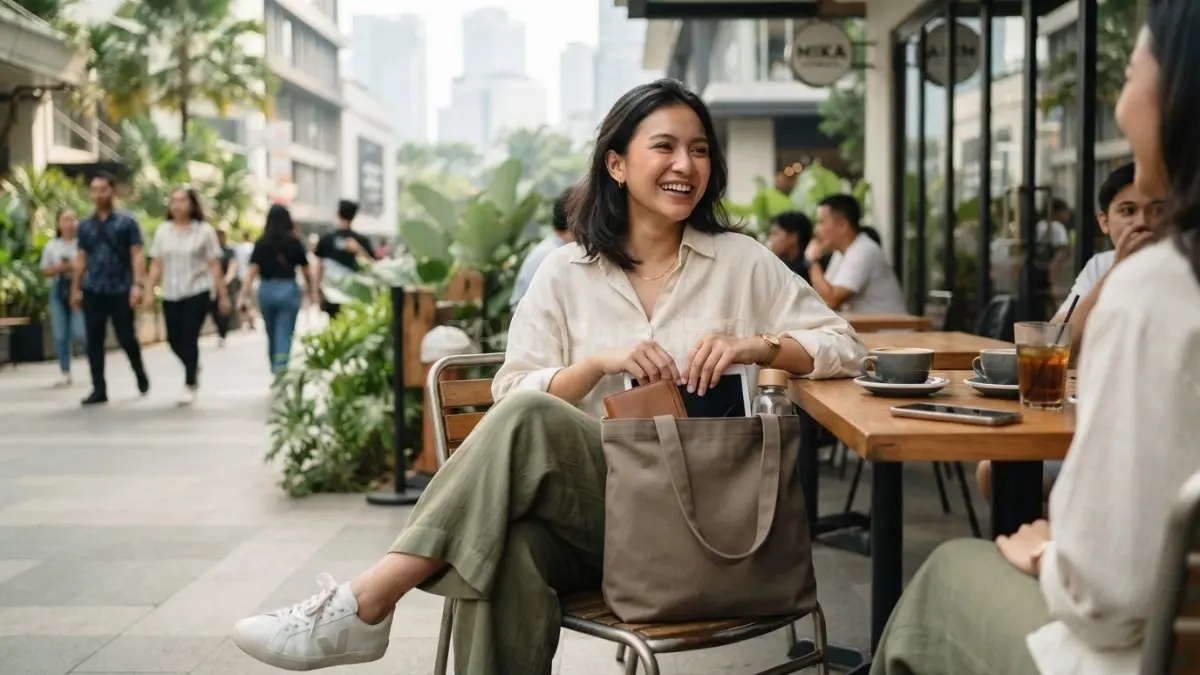 Tote bag melengkapi outfit kasual minimalis dengan gaya praktis, harmonis, dan nyaman untuk aktivitas bersama teman (BTV/AI)
