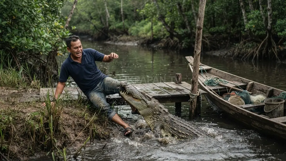 Warga membersihkan kapal di tepi sungai Berau sebelum serangan buaya mengakibatkan luka serius terjadi (BTV/AI)