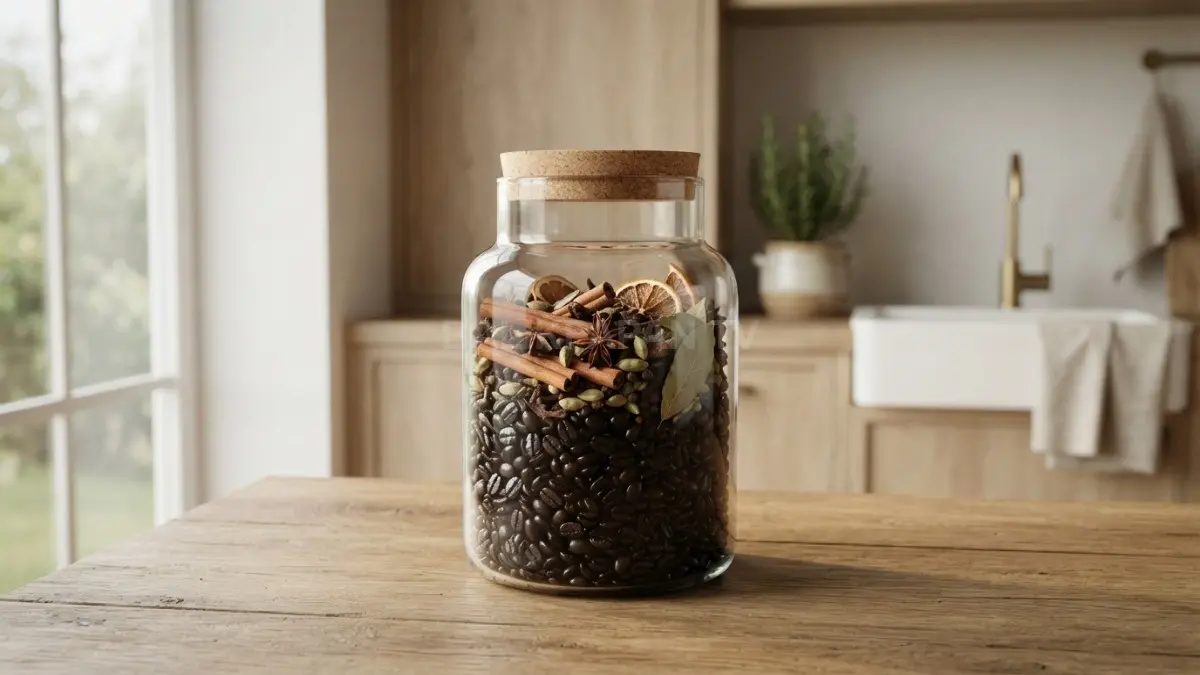 Biji kopi sangrai memberikan warna hangat, tekstur elegan, serta daya tahan tinggi untuk dekorasi. (BTV/Ai)