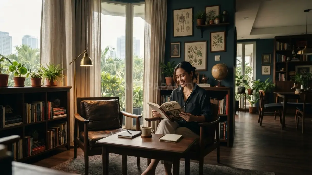 Dekorasi rumah dark academia memadukan nuansa klasik, pencahayaan hangat, furnitur kayu, dan kenyamanan tropis Indonesia (BTV/AI)
