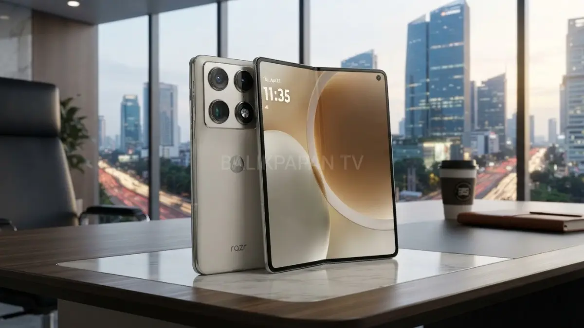 Motorola Moto Razr Fold dengan desain lipat premium dan layar besar untuk produktivitas. (BTV/AI) 