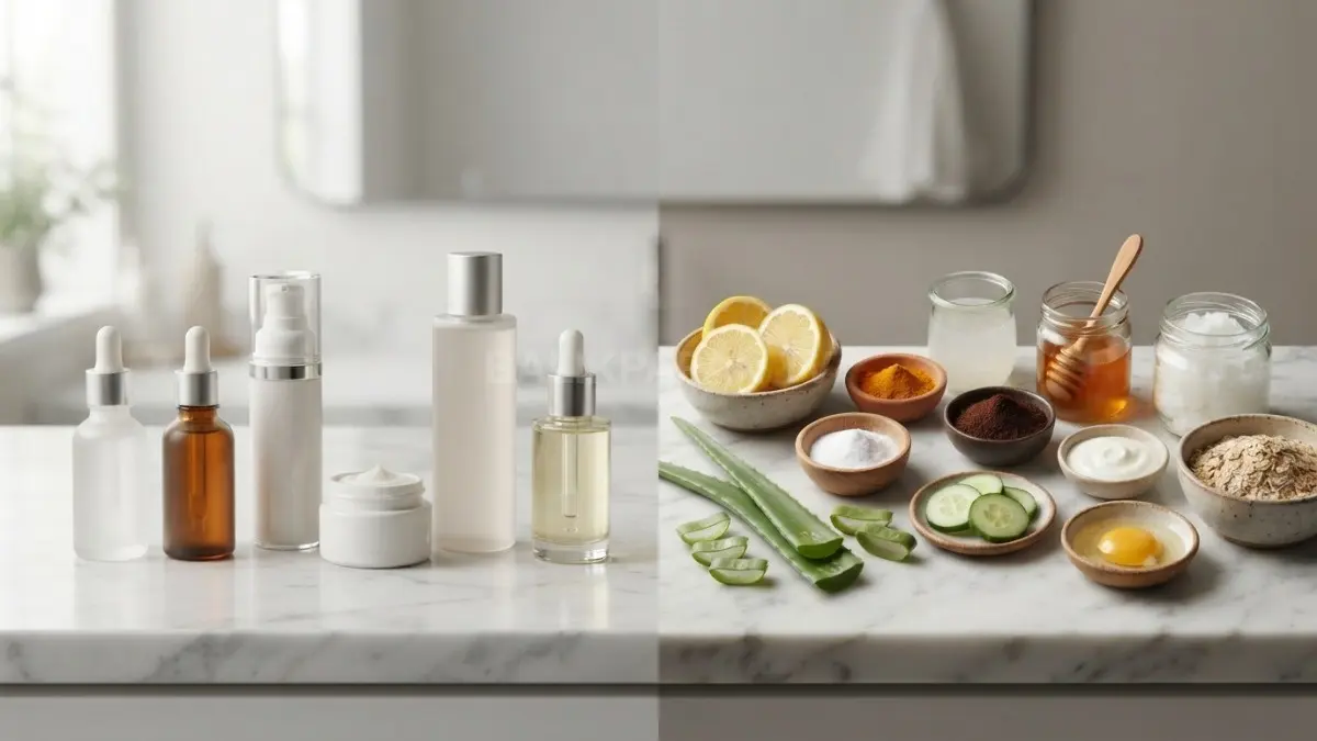 Perbandingan antara kemasan produk skincare teruji klinis dengan ramuan racikan alami mentah. (BTV/Ai)