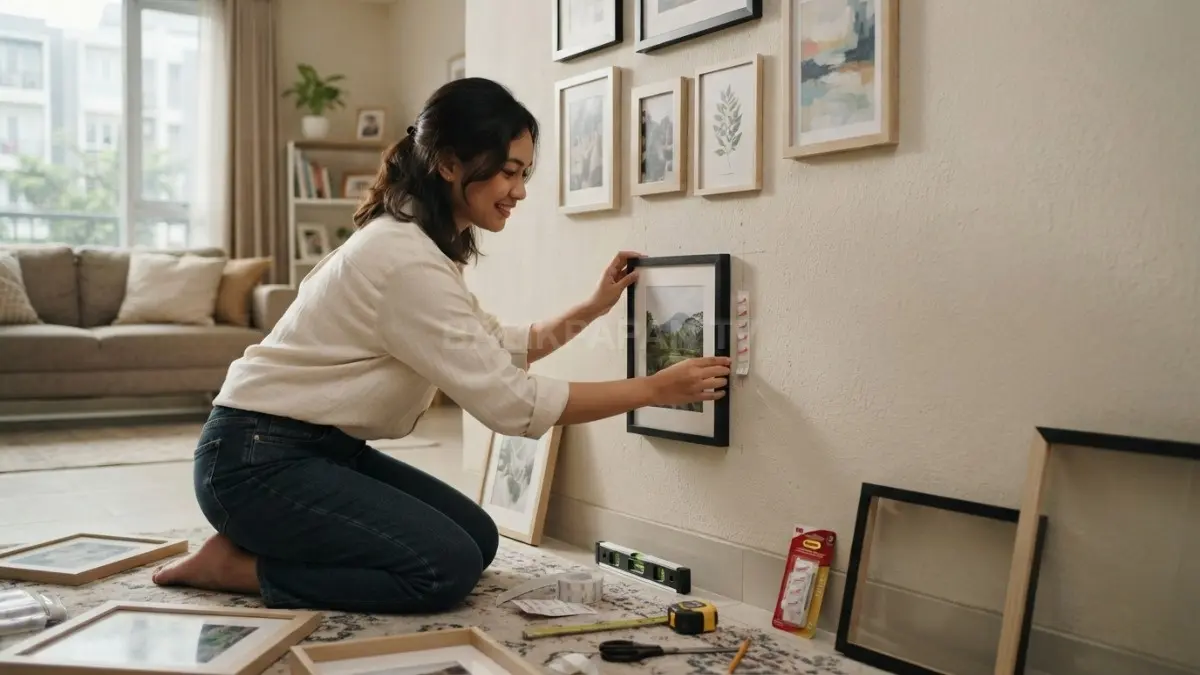 Perekat dinding removable, bingkai foto ringan, dan perlengkapan dekorasi rumah yang digunakan untuk membuat gallery wall tanpa bor dengan aman pada dinding kontrakan. (BTV/AI)