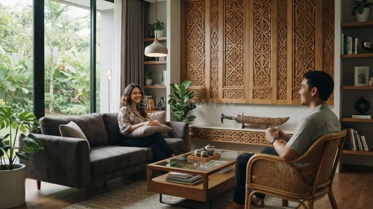 Ruang tamu modern dengan panel dinding bermotif ukiran Dayak berbahan kayu natural yang menghadirkan nuansa elegan sekaligus memperkuat identitas budaya Kalimantan. (BTV/AI)