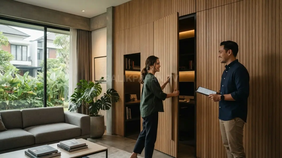 Rumah minimalis modern menghadirkan ruang rahasia terintegrasi dengan pintu tersembunyi, keamanan pintar, dan desain elegan (BTV/AI)
