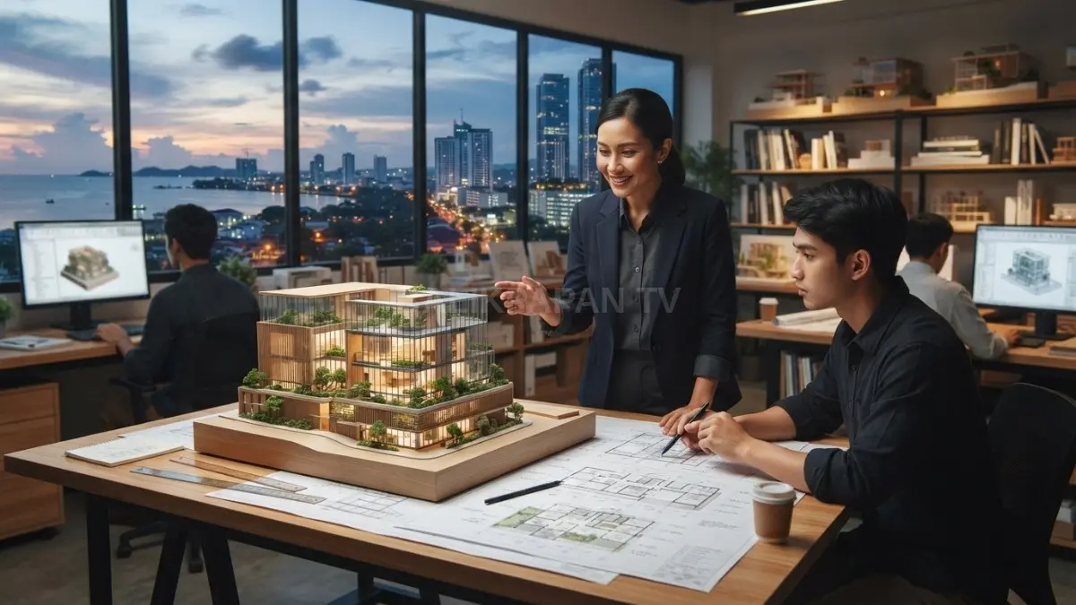 Arsitek menyusun rancangan bangunan fungsional dengan mempertimbangkan keamanan, kenyamanan, estetika, dan keberlanjutan sejak tahap awal. [BTV:AI