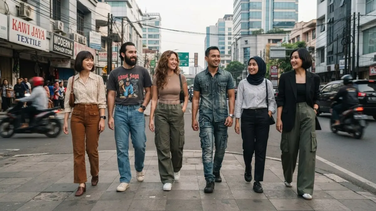 Beragam model celana dengan ukuran kantong berbeda memperlihatkan evolusi desain fashion dari masa ke masa. (BTV/AI)