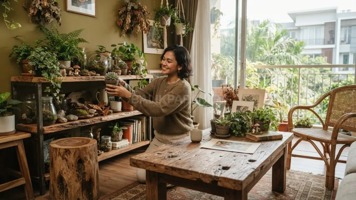 Dekorasi goblincore menghadirkan furnitur kayu alami, tekstur organik, dan suasana rumah artistik penuh kehangatan fungsional (BTV/AI)
