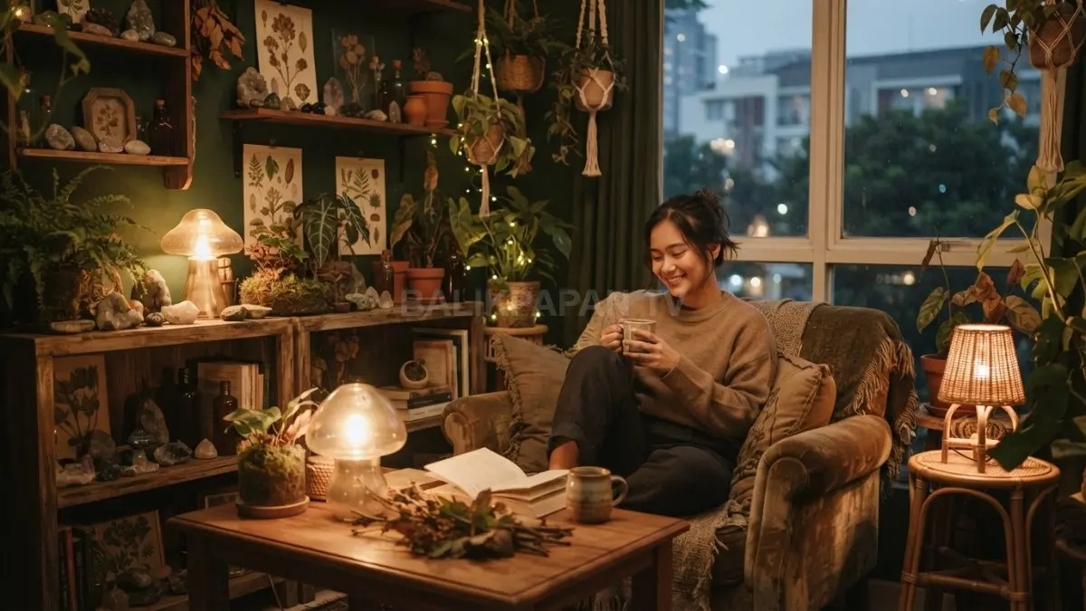 Dekorasi goblincore menghadirkan pencahayaan hangat, material alami, dan suasana hutan yang artistik serta nyaman (BTV/AI)
