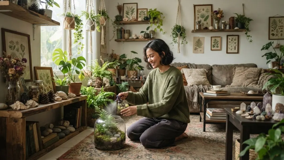 Dekorasi rumah bergaya goblincore menghadirkan material alami, nuansa artistik, dan kenyamanan yang menyatu dengan alam (BTV/AI)

