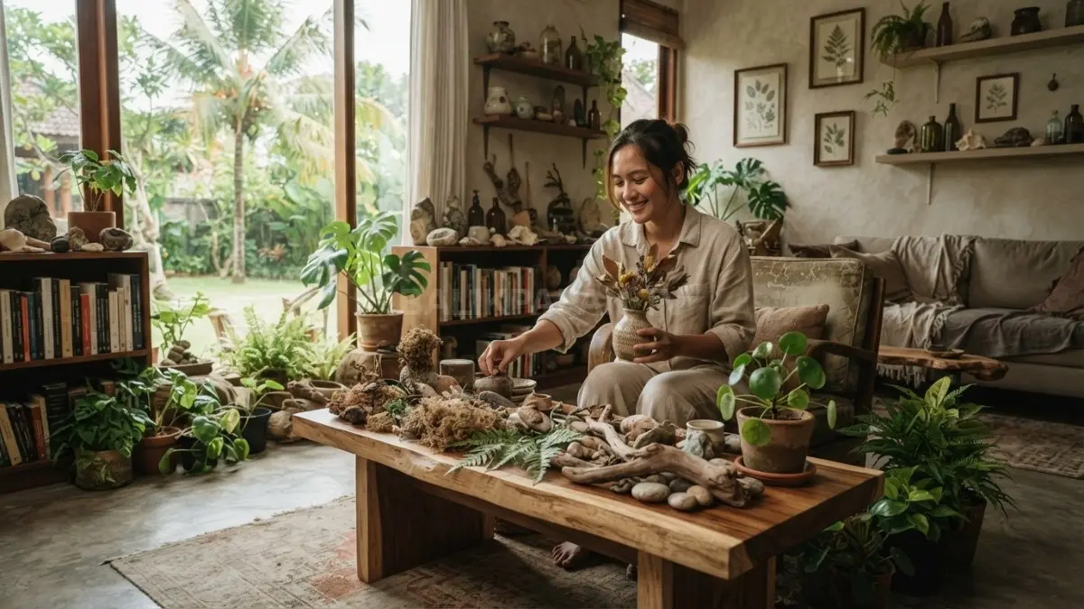 Dekorasi rumah goblincore menghadirkan material alami, tekstur organik, suasana hangat, artistik, dan tetap fungsional nyaman (BTV/AI)
